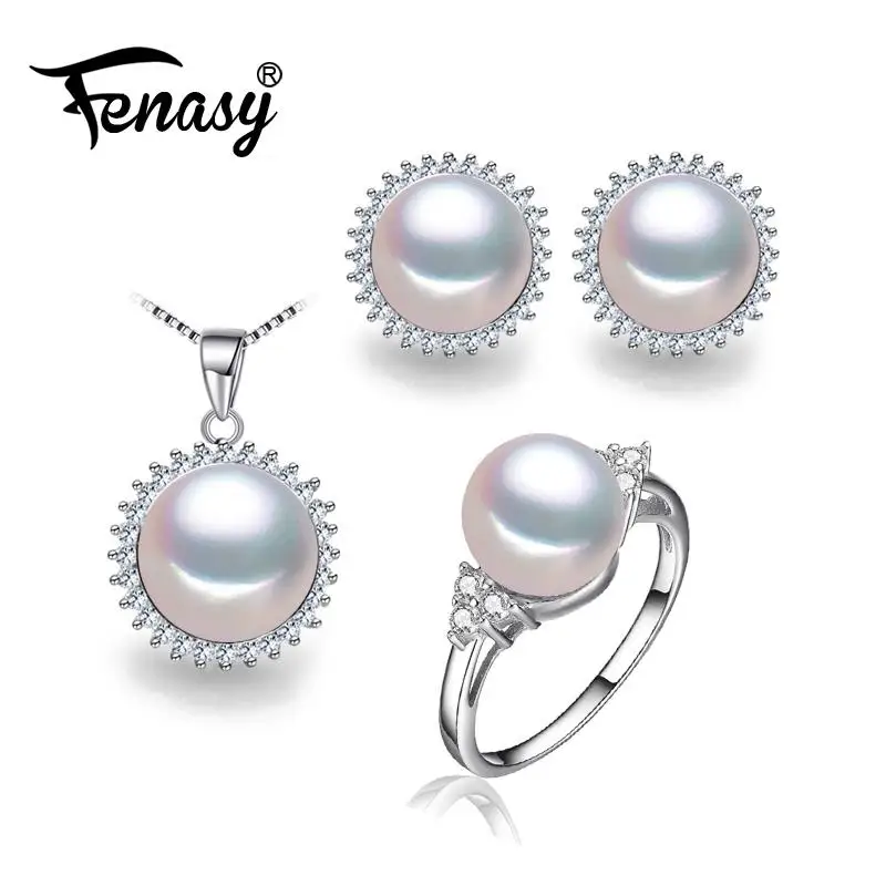 

FENASY Trendy 2019 New Fashion Natural Pearl Jewelry Sets 925 Sterling Silver Ring Pendant Necklace For Women Stud Earring 8-9mm