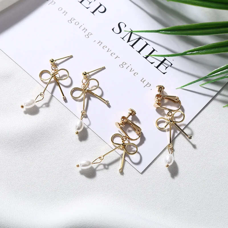 Drip Simulated Pearl Golden Metallic Bow Knot Clip & Stud Women Drop Earrings Dangle | Украшения и аксессуары