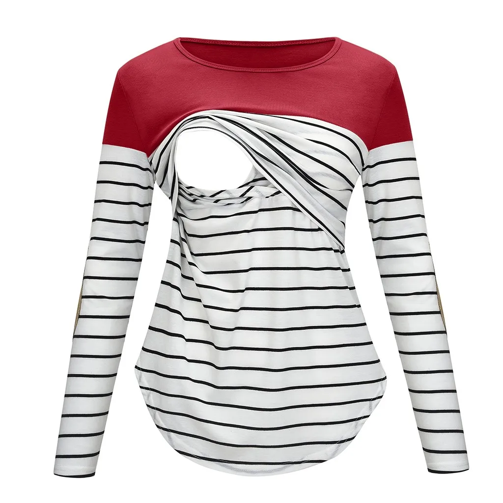 Топ для беременных женщин с длинным рукавом, полосатые топы для кормящих, футболки для грудного вскармливания(красный