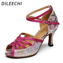 DILEECHI Змеиный узор латинские танцевальные туфли для взрослых женские летние танцевальные сандалии на высоком квадратном каблуке мягкая подошва