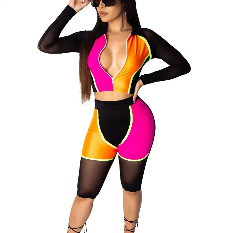 

2019 Casual Two Piece Set Summer Tracksuit Women Patchwork Zipper Crop Top Biker Shorts 2 Piece Set Jogging Suits