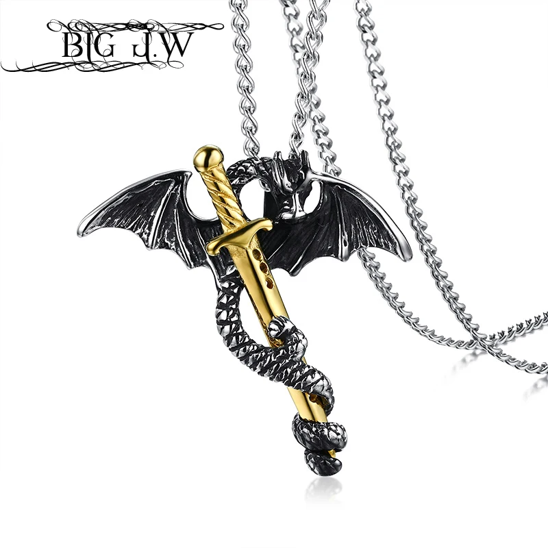 BIG J.W Gothic Pterosaur Sword Pendant Necklace for Men Cool Dragon Stainless Steel Punk Maxi Male Jewelry | Украшения и