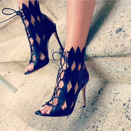 Hot selling New black lace up cut outs stiletto heel sandals fashion ...