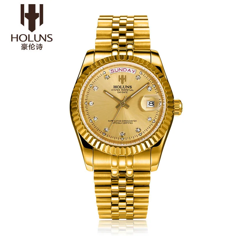 Holuns механические Автоматические золотые алмазные мужские s часы лучший бренд класса люкс Бизнес Мужские часы Стальные Relogio Masculino - Цвет: 2