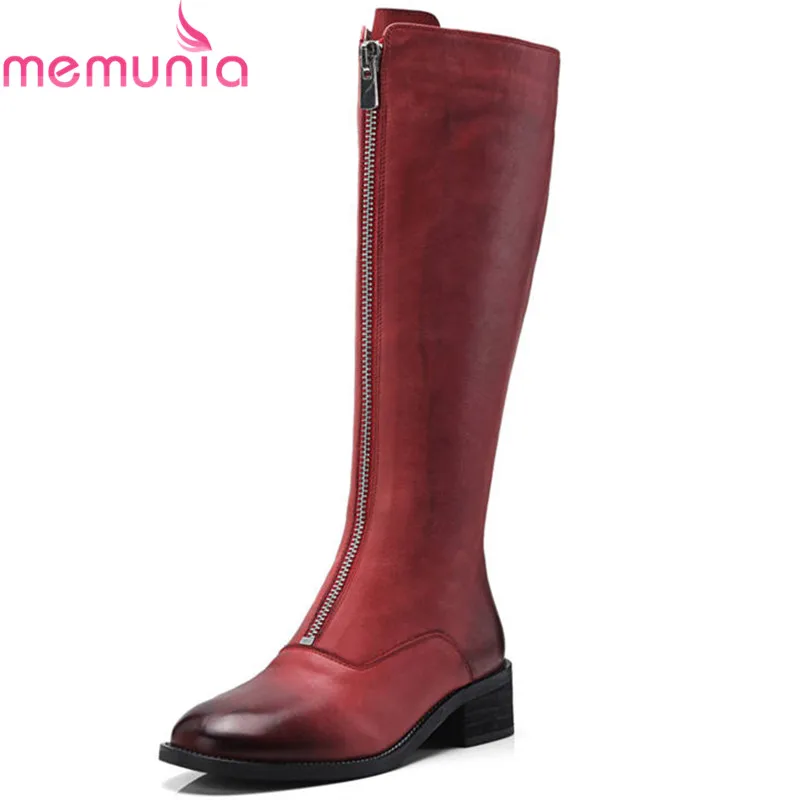 

MEMUNIA 2018 top quality genuine leather boots women round toe knee high boots zip fashion autumn winter boots med heel shoes
