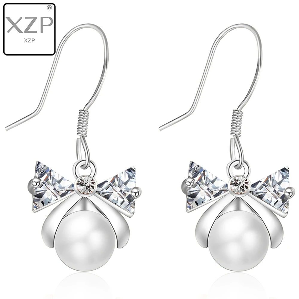 

XZP Delicacy Cute Bowknot Dangke Drop Earring for Women with S925 Silver Hooks Pendant Pearl Earring Crstal from Austrian