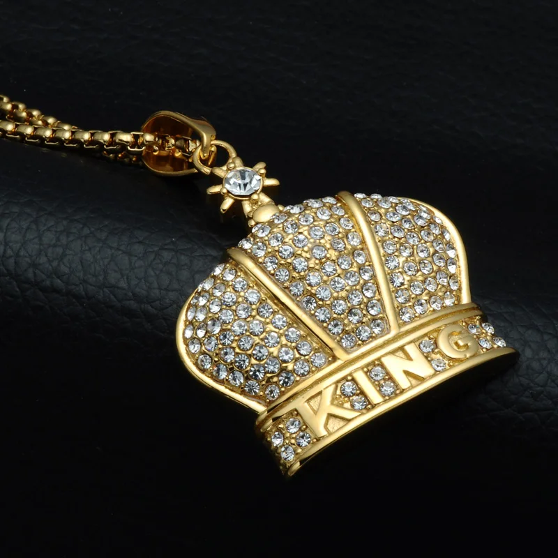 Хип хоп Bling Iced Out король корона ожерелье полный горный хрусталь 316L нержавеющая сталь золото ожерелье s& Подвески для мужчин ювелирные изделия