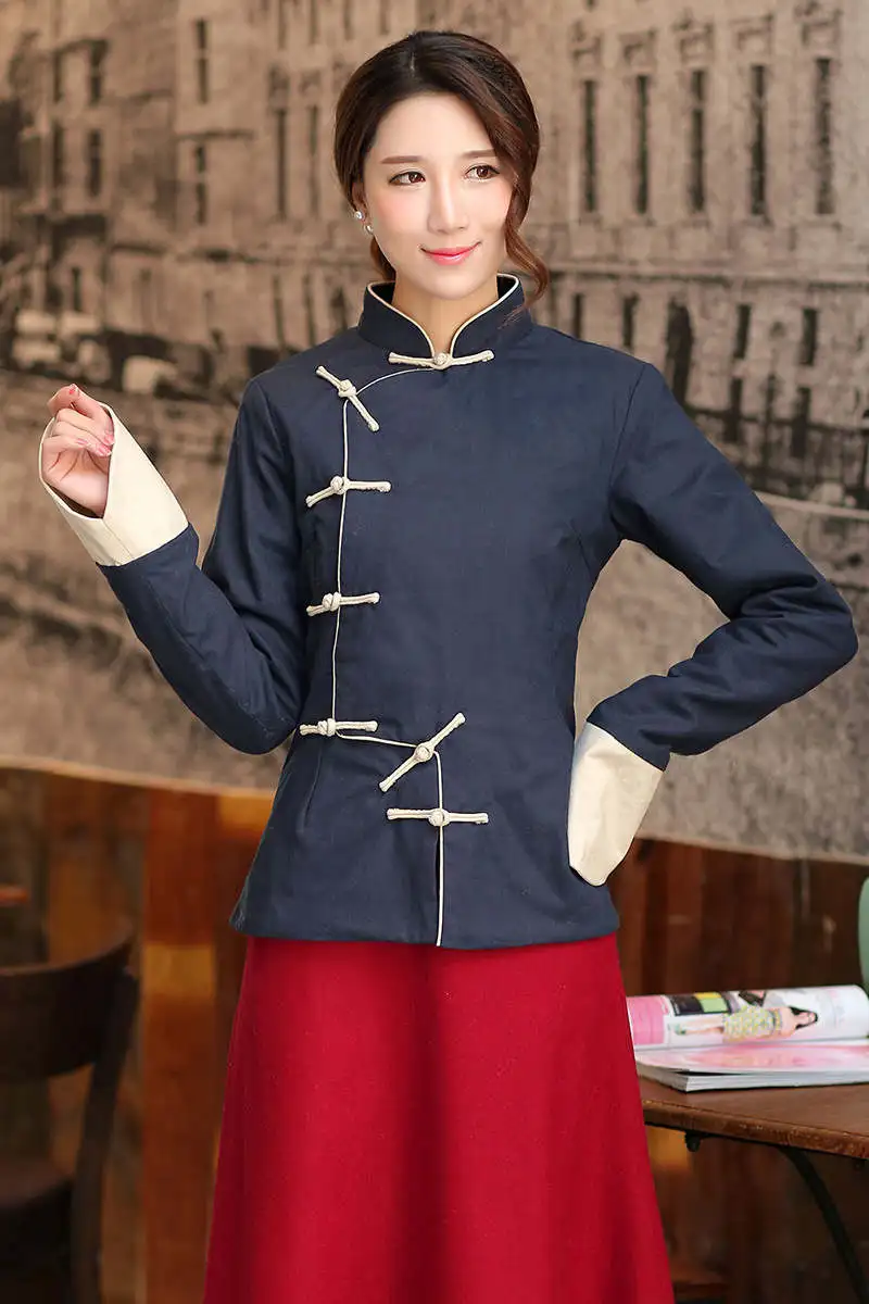 Navy Blue Хлопковая льняная Синяя Женская рубашка с воротником-стойкой Chiense National Slim Осенняя Блузка Горячая Распродажа одежда с парчовым рукавом s-xxl - Цвет: Navy Blue