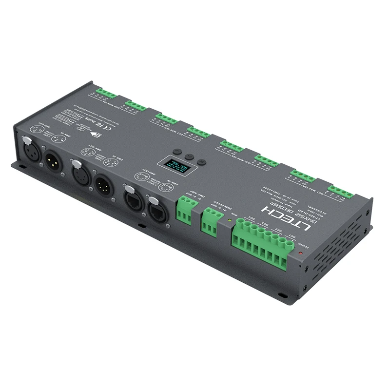 

New LTECH LED DMX decoder 12V; 24 Channel Led CV DMX Decoder;3A*24CH Max. 72A 1728W output XLR-3/RJ45 OLED Screen Display