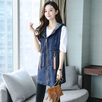 

Summer Denim Trench Coat Female Fashion Embroidery Women Trench Plus Size Denim Vest Hooded Long Sleeveless Coat Women