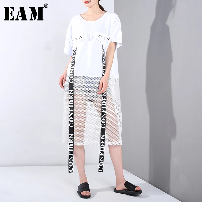 

[EAM] 2019 New Spring Summer Round Neck Short Sleeve Perspective Letter Printed Ribbon Big Size Long T-shirt Women Fashion JU774