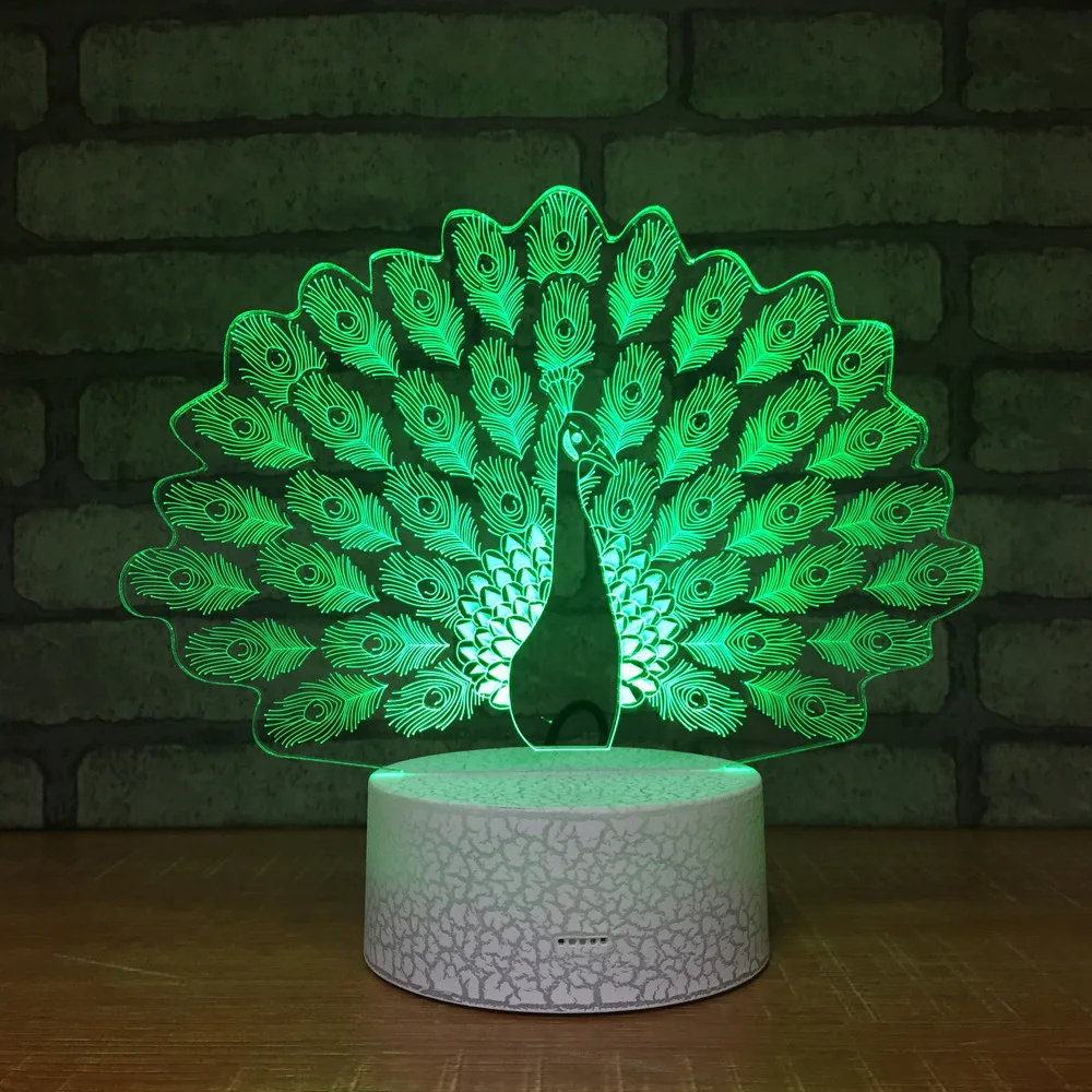 Peacock Night Light Lamp 3D LED Lamp 7 Colorful Table Lamp For Kids Christmas Gift White Base with Touch Switch / Remote