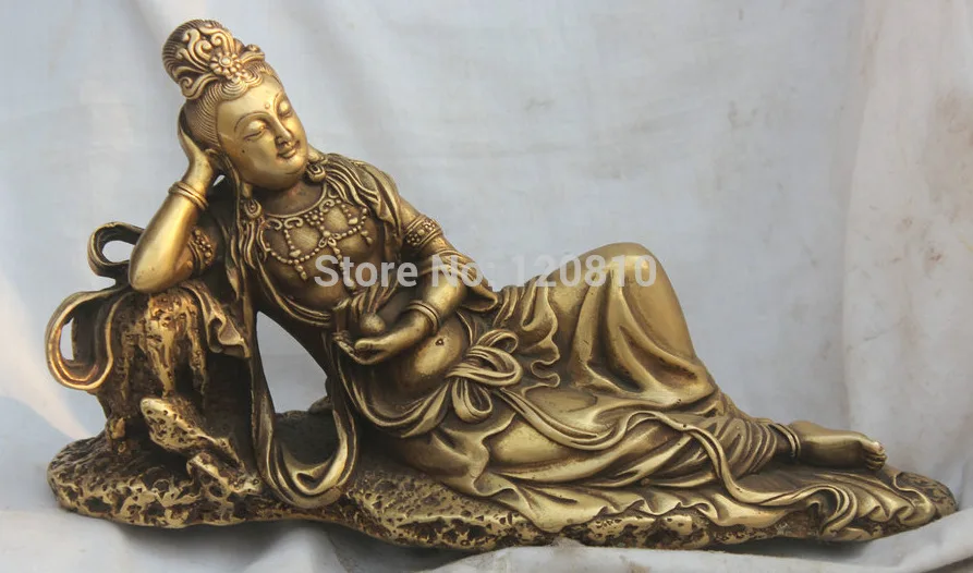 

12" China Chinese Feng Shui Brass Sleeping Kwan-yin Guan Yin Goddess Statue