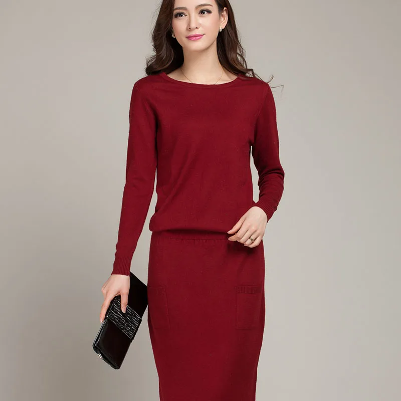 Новинка, весенне-осенний женский кашемировый свитер с круглым вырезом в пол, цельное платье, повседневное однотонное вязаное женское платье - Цвет: rust red