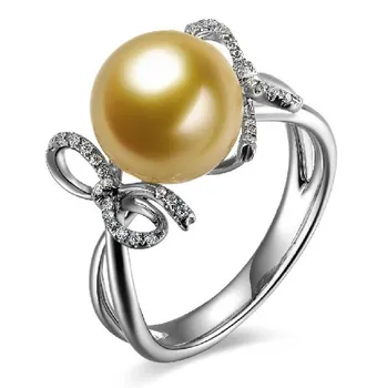 

Bownot pearl 18K Gold 9-10mm Natural South Sea Gold Pearl Ring Diamond Pearl Ring For Women Wedding/Women's Day Gift