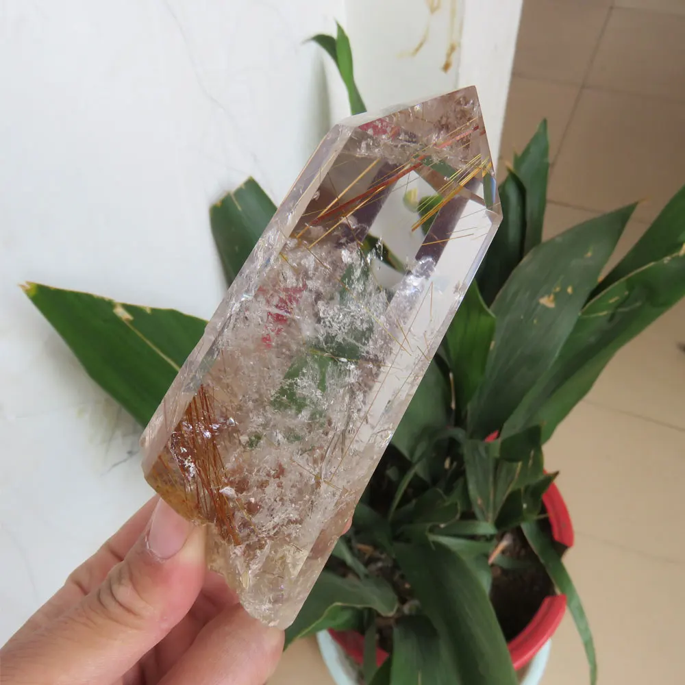

231g AAA++ Natural Clear Golden Rutilated Quartz Crystal Point Wand Rutile Hair Quartz Crystal Reiki Healing Mineral Specimen