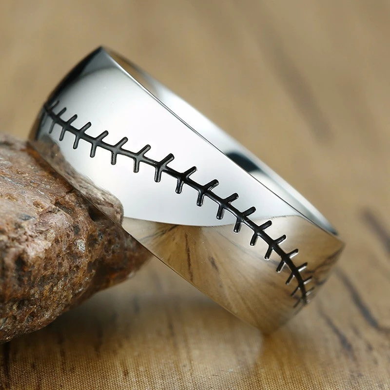 Anillo de boda béisbol negro con acabado en polaco, anillos de béisbol de de acero inoxidable para hombres|Anillos| - AliExpress
