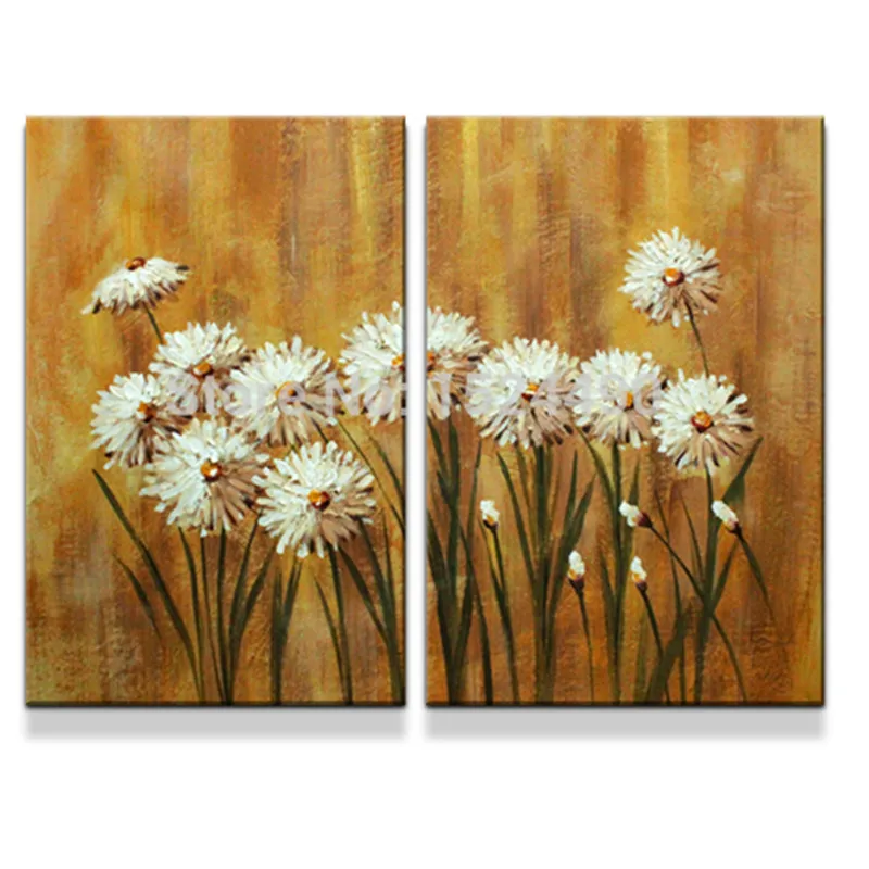

Handpainted Abstract Flower Oil Paintings on Canvas Home Decor Wall Decor Art Knife White Daisy Floral Painting 2 Panel Pictures