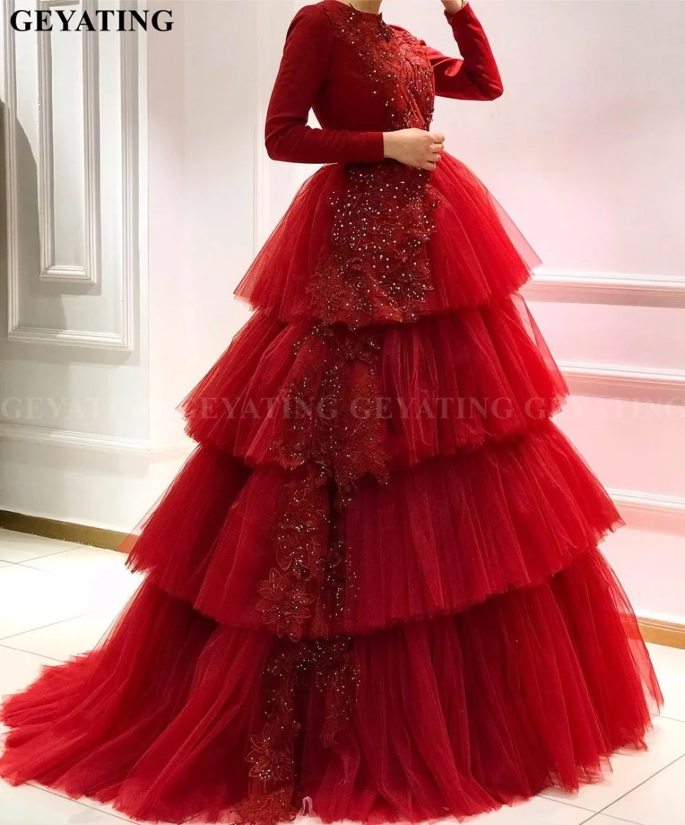 Мусульманское красное вечернее платье с длинным рукавом в арабском стиле Элегантное длинное женское торжественное платье Многоуровневое Тюлевое Дубай свадебное платье для выпускного вечера
