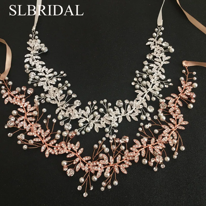 Женский обруч для волос SLBRIDAL цвета розового золота с кристаллами и жемчугом