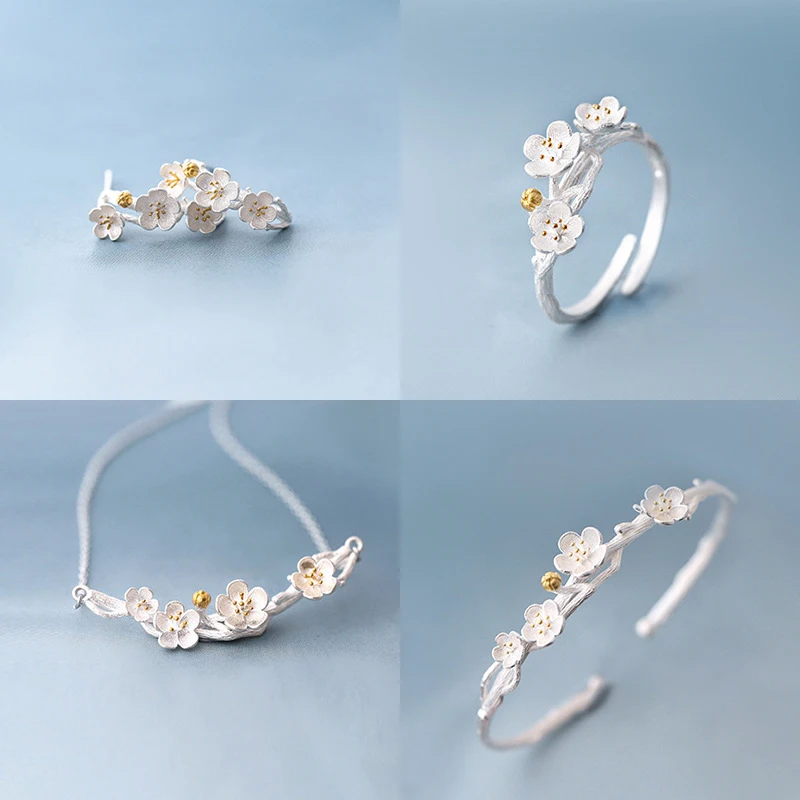 

XIYANIKE 925 Sterling Silver Romantic Sakura Plum Blossom Jewelry Sets Exquisite Handmade For Women Girlfriend Gift NE+EA+RI+BA