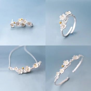 

XIYANIKE 925 Sterling Silver Romantic Sakura Plum Blossom Jewelry Sets Exquisite Handmade For Women Girlfriend Gift NE+EA+RI+BA