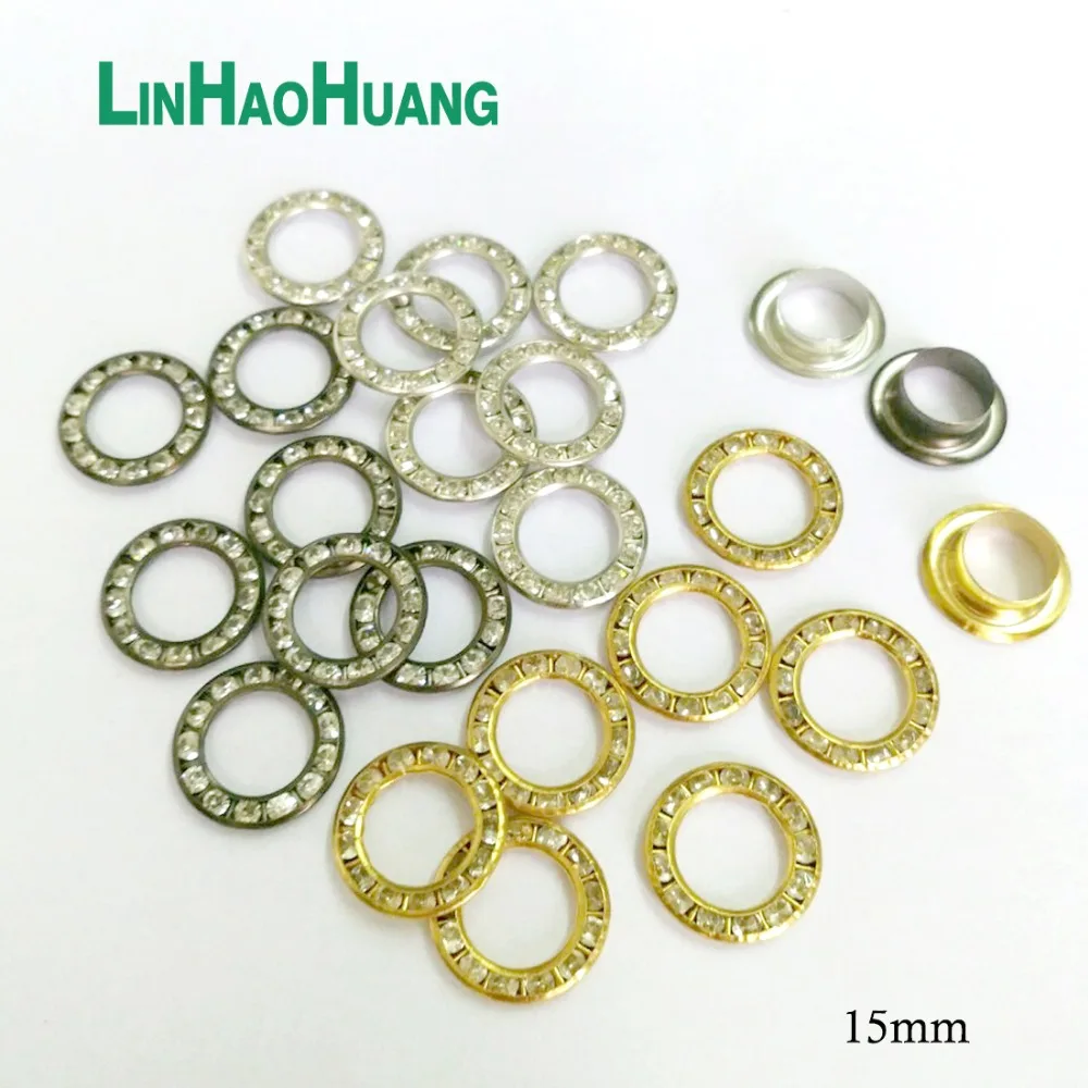 100sets/lot 3 colors 15mm round metal brass rhinestone eyelets crystal