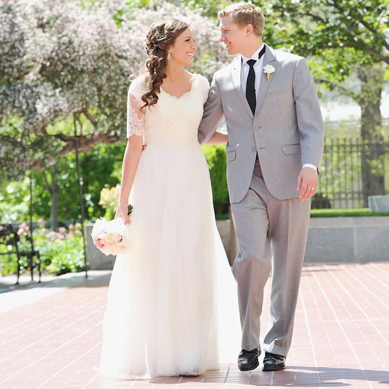 

LORIE Princess Wedding Dress Scoop A-Line Appliques Lace Short Sleeve Bride Dress Tulle Skirt Wedding Gown Free Shipping 2019