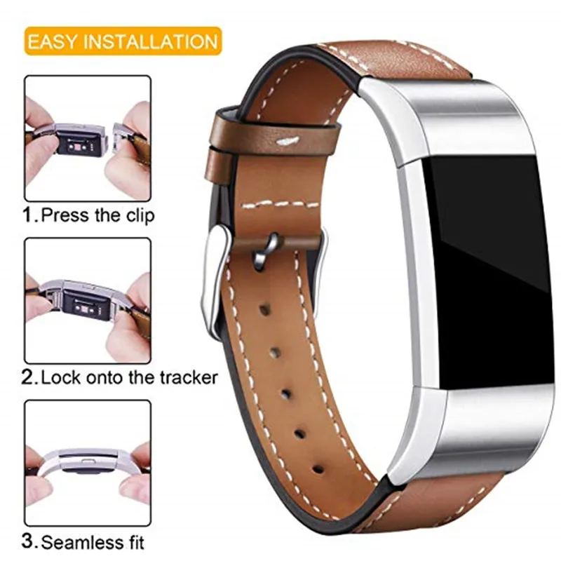 Genuine Leather Band for Fitbit Charge 2 Bands Classic Wristband Metal Connectors Fitness Strap Women Men Small Large (1)_