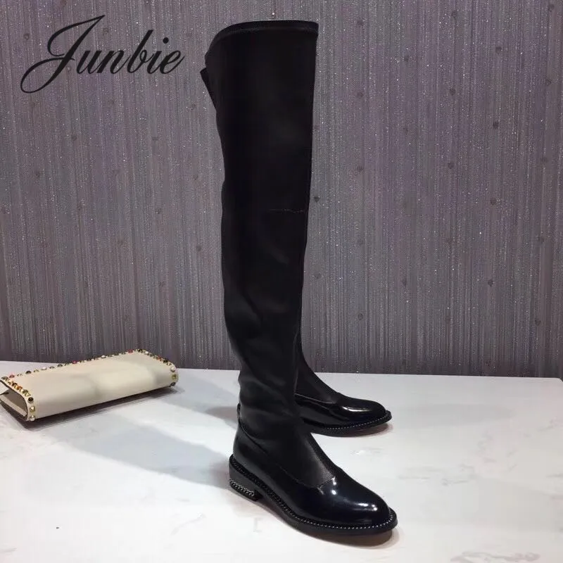 

JUNBIE New Genuine Leather Zip Side Women Winter Boots Round Toe Over The Knee HIgh Thigh High Boots Shoes Women Moto Boots
