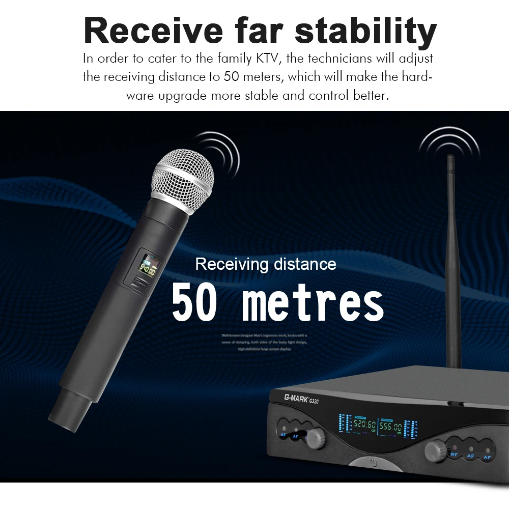 G-MARK UHF Wireless Microphone System G320 Long Range Dual Channel 2 Handheld Mic Transmitter Professional Karaoke Top Quality