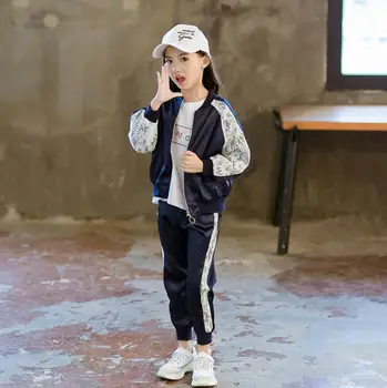 

2019 new children's clothing set girls stitching lace suit autumn section big children's zipper shirt casual trousers 4-12Y