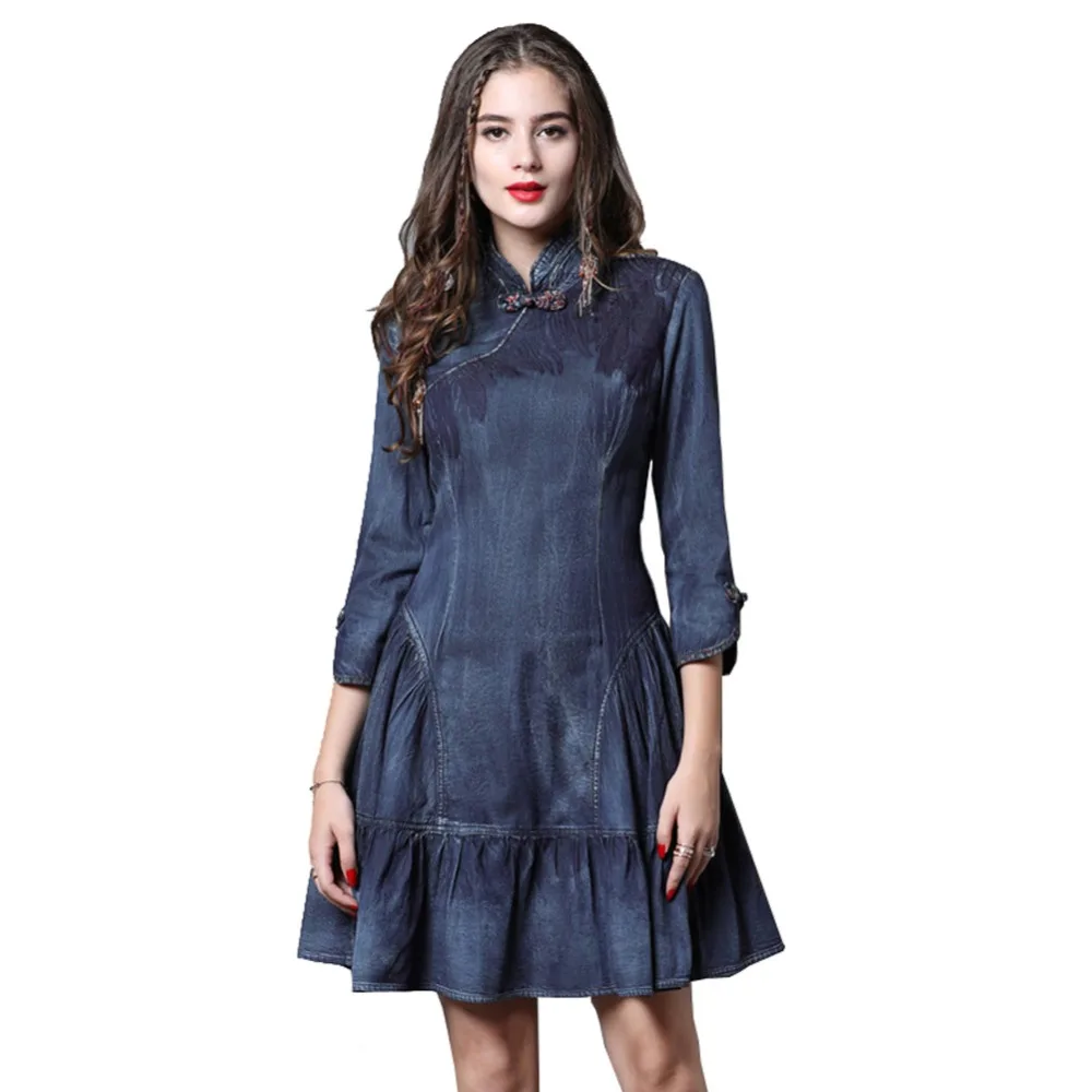 SOONNIX Весна 2019 новая кнопка изменение cheongsam ретро воланом платье из джинсовой