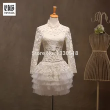 2016 neue Organza A-Line Cocktailkleider mit Appliques Lace Long Sleeves Knie Party Kleider