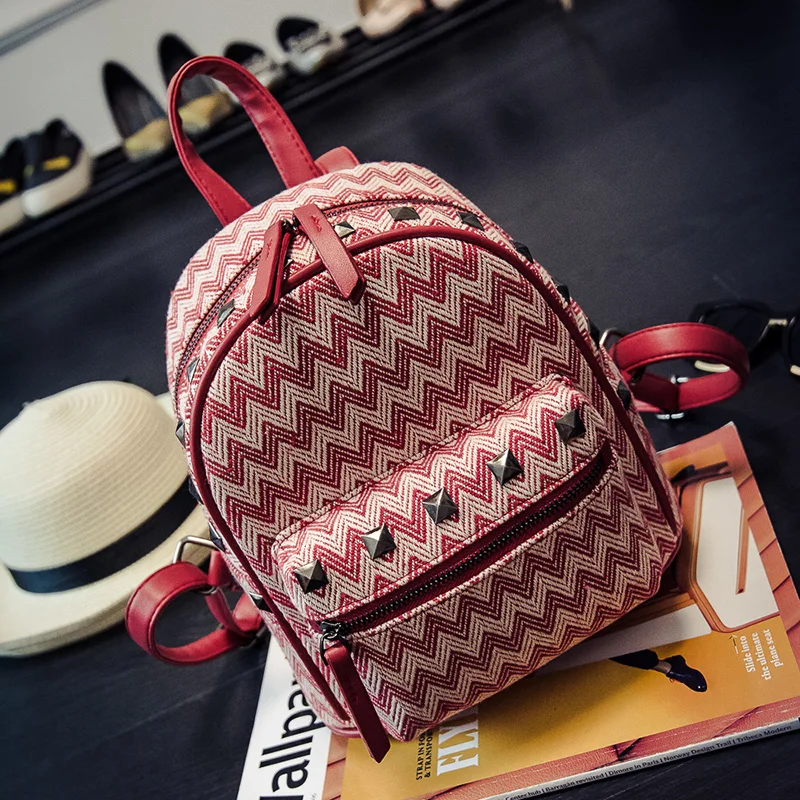New Panelled Stripe Rivets Pu Leather Backpacks Fashion Retro