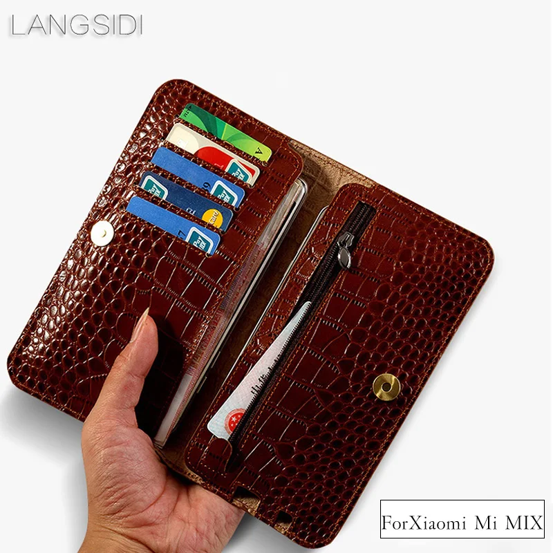 

LANGSIDI brand genuine calf leather phone case crocodile texture flip multi-function phone bag for Xiaomi Mi MIX hand-made