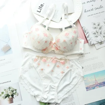 

New arrival Lolita Sexy Cute Kawaii Chiffon Padded Thin Cup Pink Floral Lingeria Bra Set