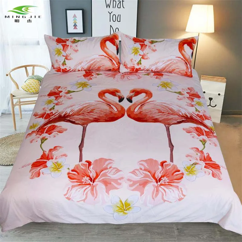 

3pcs Flamingo Bedding Set Tropical Plant Quilt Cover King Size Home Bed Set Flower Print Pink and Green Bedclothes Bedspread