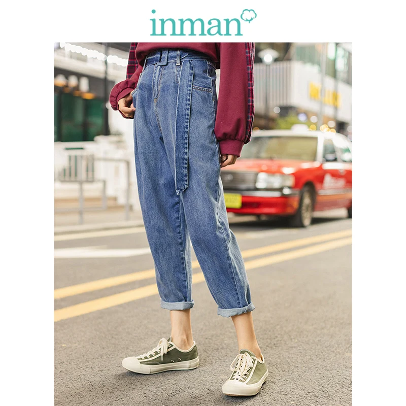INMAN 2019 automne nouveauté 100% coton avec ceinture plaqué mode Slim tout assorti femmes crayon Jeans