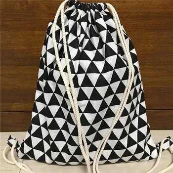 

YILE Cotton Linen Drawstring Travel Backpack Book Bag Shoes Sorted Bag Black Triangle 1217-5