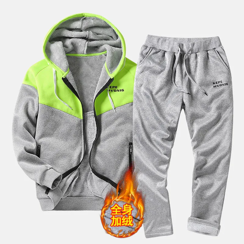 Autumn Tracksuit Men Warm Fleece Hooded Sweatshirts Winter Thick Hoodies Man Fashion Inner Fleece 2PC Pant Male chandal hombre