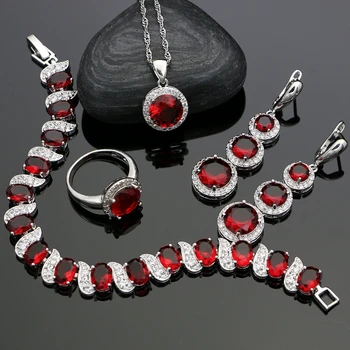 

Hyperbole Red Garnet Zircon Jewelery 925 Sterling Silver Jewelry Sets For Women Wedding Pendant/Necklace/Ring/Earrings/Bracelet