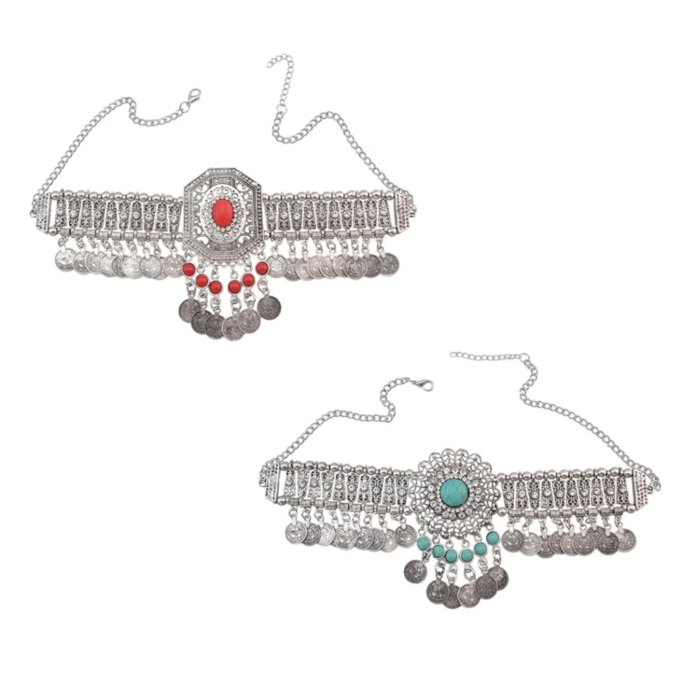 Gypsy Boho Maxi Jewelry Red Blue Stone Silver Chunky Flower Rhinestone Bead Choker Statement Coin Tassel Necklace Women Indian - Image 2