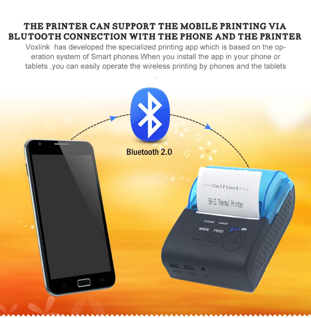 VOXLINK переносной для IOS Android Мобильные принтеры 58 мм Bluetooth Термальность получения
