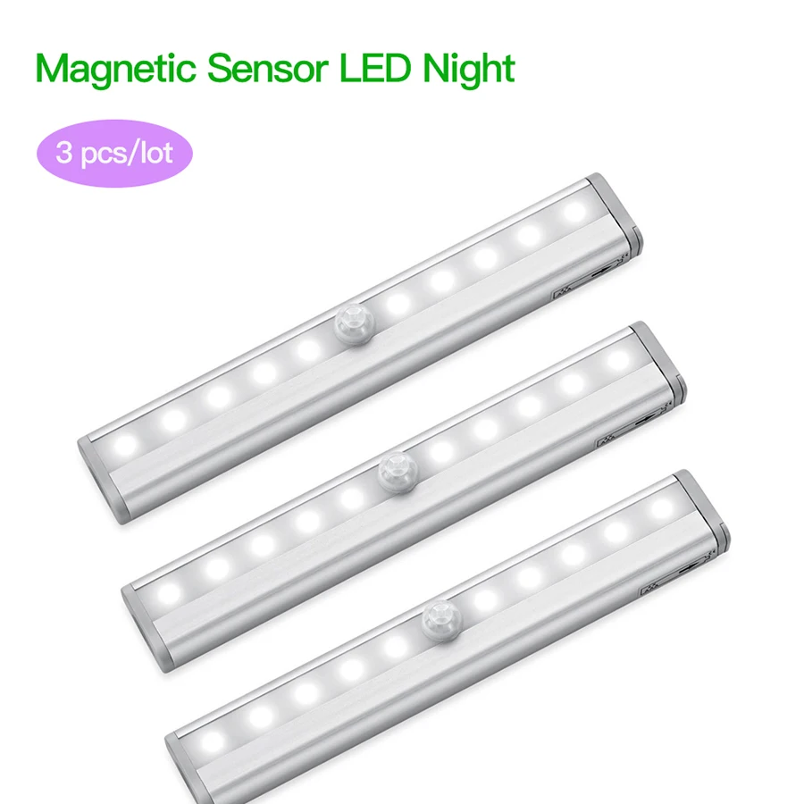 

3pcs Metal 10 Led Lamp Strip Stick-on Anywhere Portable Wireless Cabinet Sensor Night Light Bar With Magnetic Strip Led Light