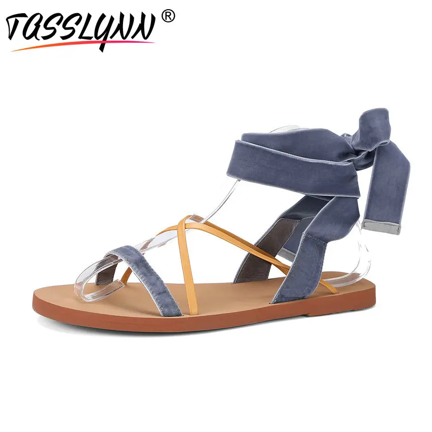 

TASSLYNN 2018 Women Sandals Fashion Round Toe Gladiator Shoes Velvet Cross-tied Rome Cow Leather Summer Shoes Size 34-39