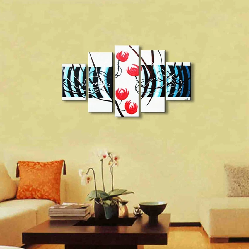 

Modern Hand-painted wall art picture home decoration abstract red flowers oil painting on canvas 5pcs/set for living room