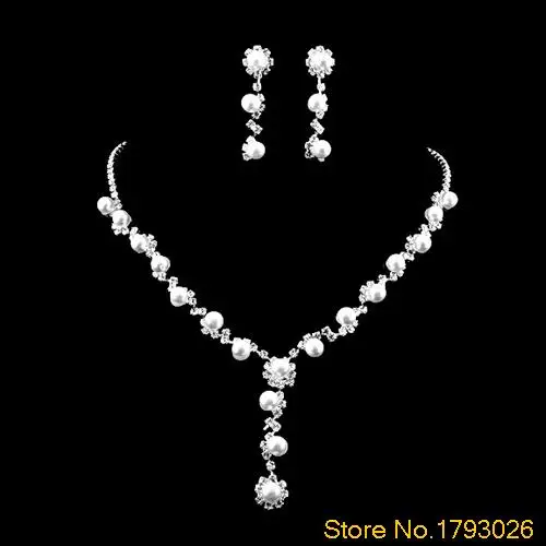

Faux Pearl Clear Austrian Rhinestone Choker Necklace Earrings Jewelry Set for Girl Friend 4TPA