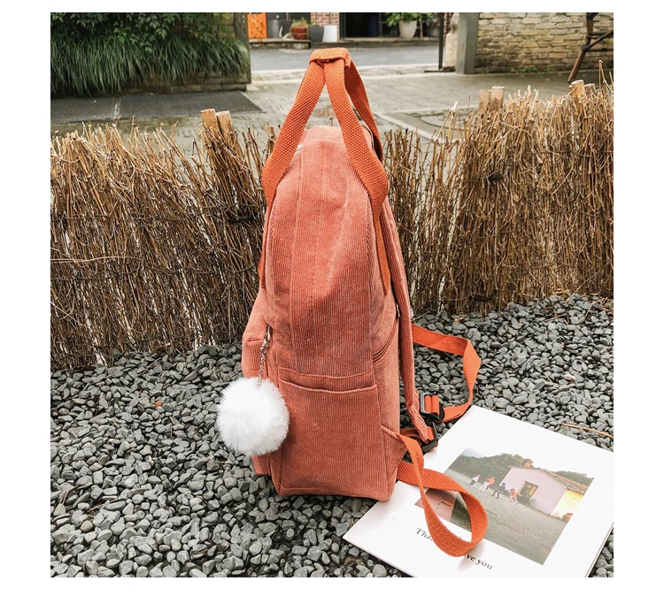 Menghuo New Backpack for Women Fur Ball Solid Color Corduroy Backpack for Girls Spring Winter Velvet Travel Bag Mochila Feminina_33-1_24