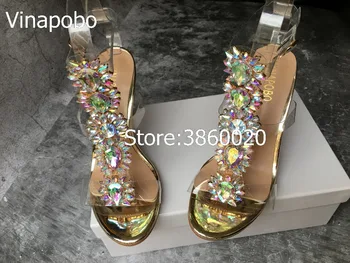 

Latest Design Rhinestone PVC Transparent Stiletto Sandals Shoes Crystal T-Strap Lady High Heels Shoes Sexy Female Party Shoes